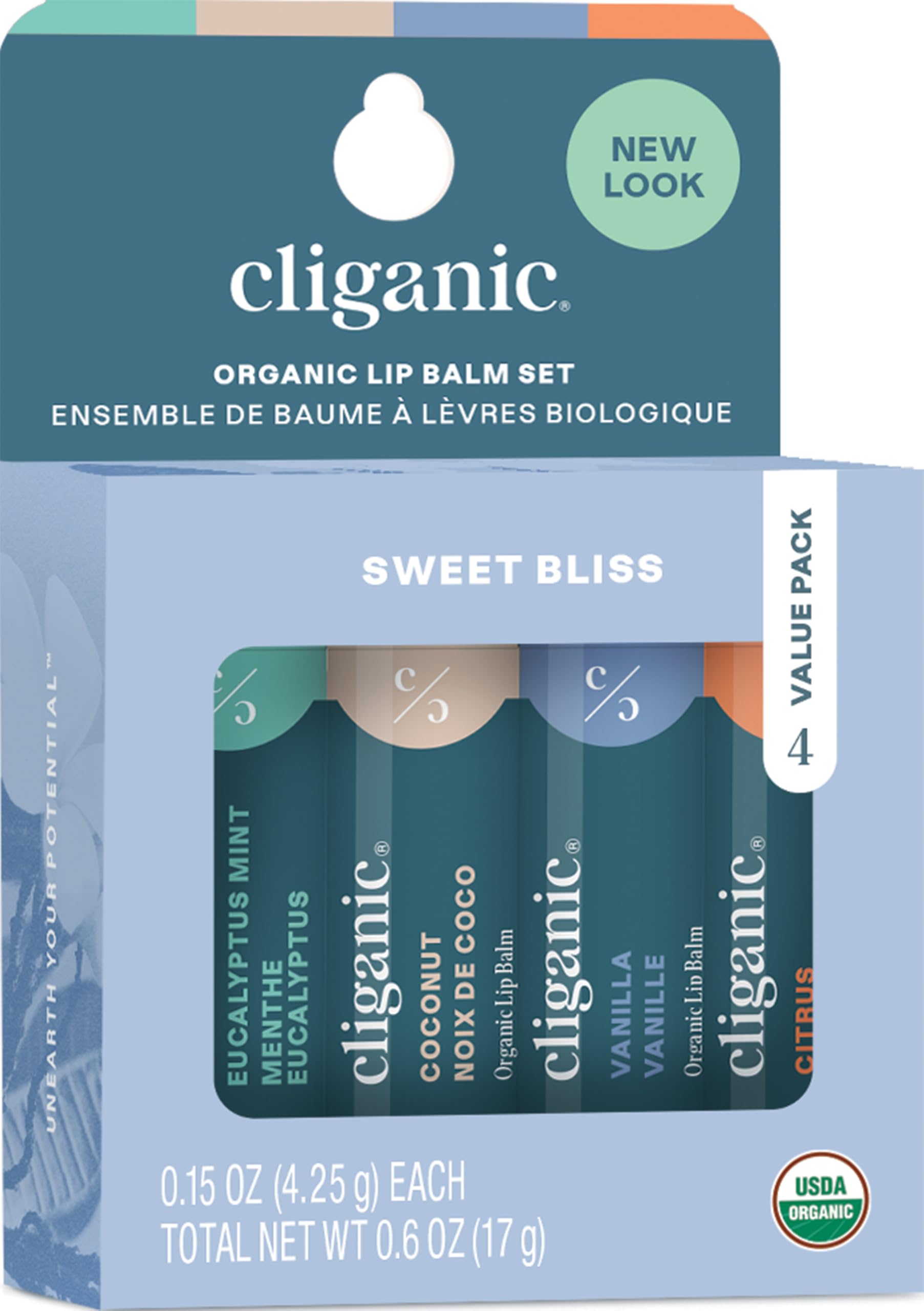 Cliganic Organic Lip Balm Set - 4 Flavors - Natural Hydrating for Cracked & Dry Lips